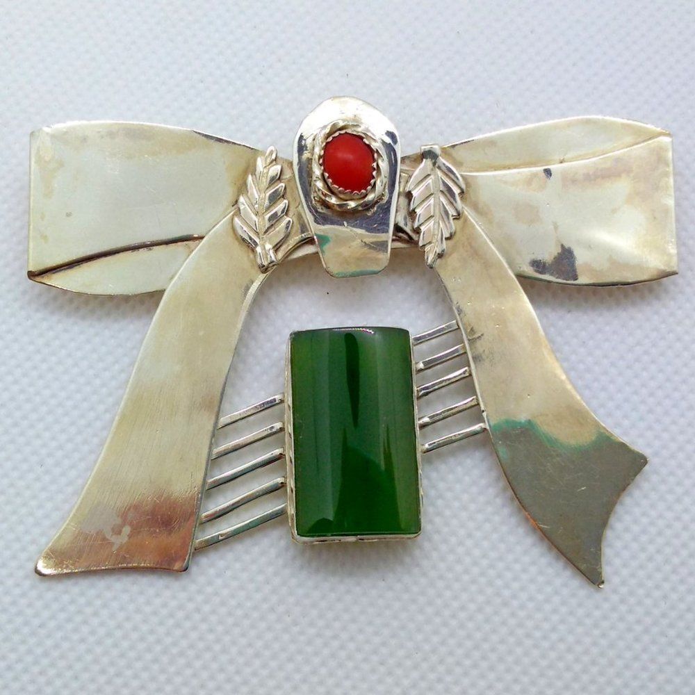 Southwest Holiday Pin with Jade and Coral Inset Stones, Vintage Sterling Silver